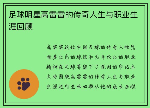 足球明星高雷雷的传奇人生与职业生涯回顾